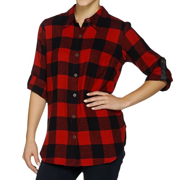 Joan Rivers Buffalo Check Shirt with Faux Leather Detail  16204 - Picture 1 of 2